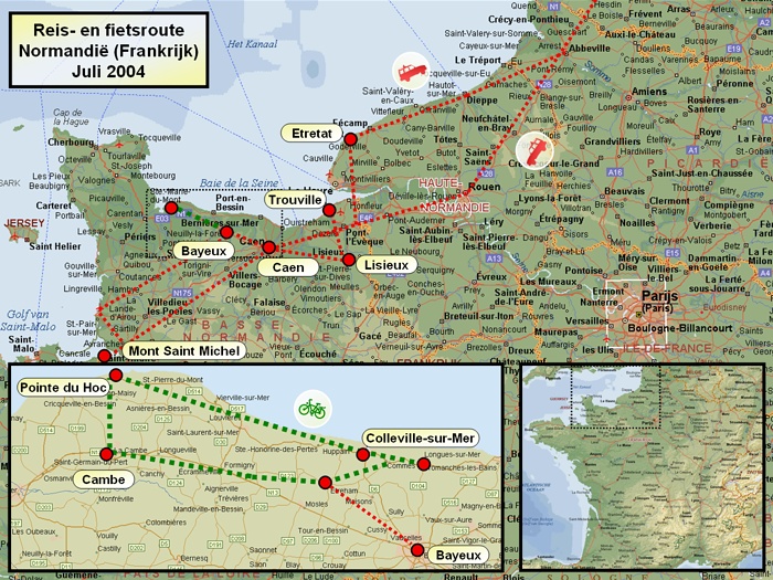 Travel route / Map Each year me and my best friends Robbie and Jan travel some days with our car, bicycles and tent. In July 2004 we visited all mayor attractions in Normandy (France) like Mont Saint Michel, Bayeux, Caen, Liseaux, Etretat, ... and by bike we explorered the coastal region with the war cemeteries and landing beaches from WOII. Stefan Cruysberghs